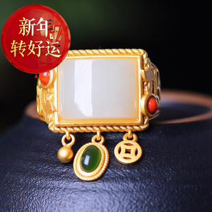 S925纯银镶嵌天然和田南红方戒开口流苏文艺复古宫廷 新年转运