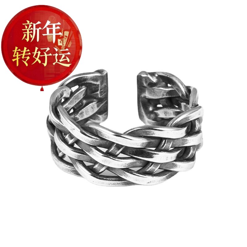 【新年转运】编织麻花戒指男士潮流防泰银食指尾戒复古做旧男款单