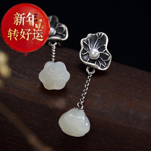 复古泰银女莲蓬荷 和田青玉纯银耳环汉服配饰古风中式 新年转运