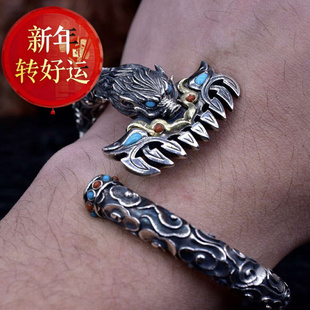 【好运】猪八戒九齿钉耙手镯仓吉手工S925银镯子复古个性霸气开口