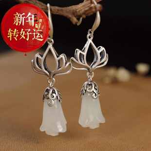 白玉兰耳环长气质 镀白金色镶嵌仿和田玉兰花耳坠女款 新年转运