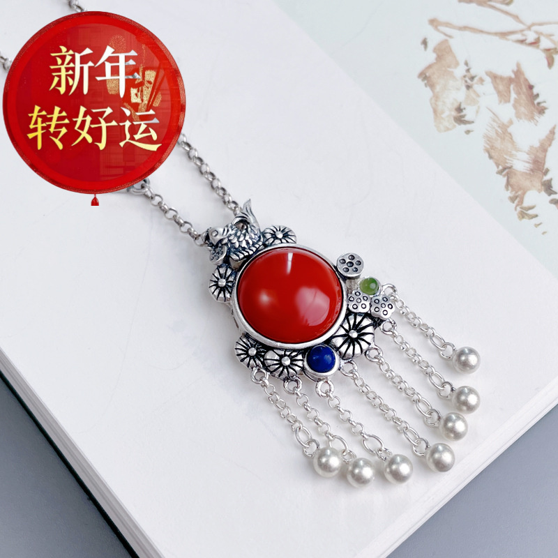 925纯银南红玛瑙流苏项链女复古