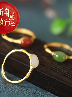 【新年转运】小米粒和田玉925纯银戒指饰品新款女竹节复古磨砂潮