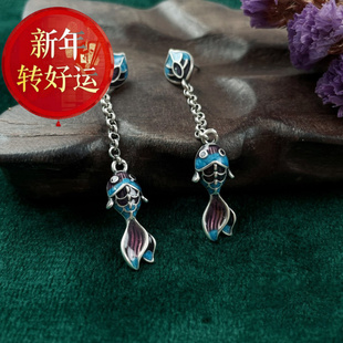复古民族风S925纯银景泰蓝烧蓝鲤鱼锦鲤对称珐琅彩流 新年转运