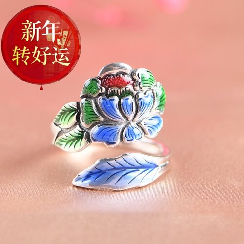 纯银戒指女款开口牡丹花国潮民族