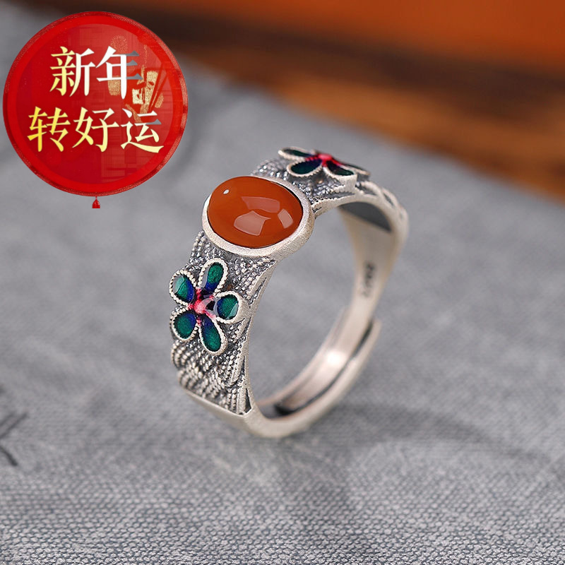 S925纯银南红复古做旧景泰花朵编