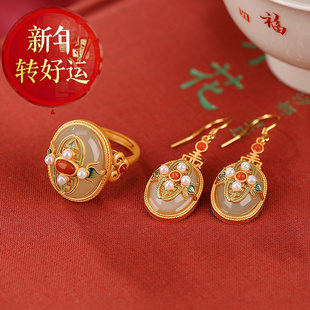 和田耳坠古风民族风纯银镶嵌和田福禄寿珐琅耳环女复 新年转运