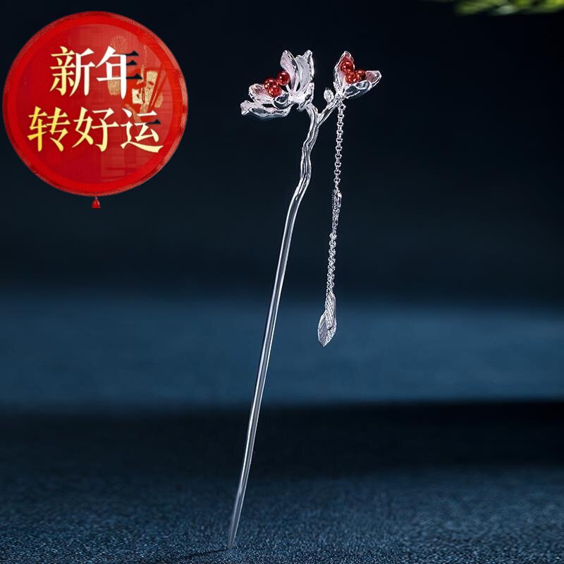 s925纯银石榴石发簪子花朵复古装