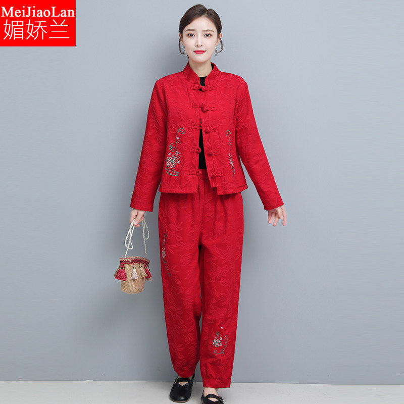 大码女装2019秋冬民族风宽松遮肉宽松上衣胯宽胯大阔腿裤两件套女