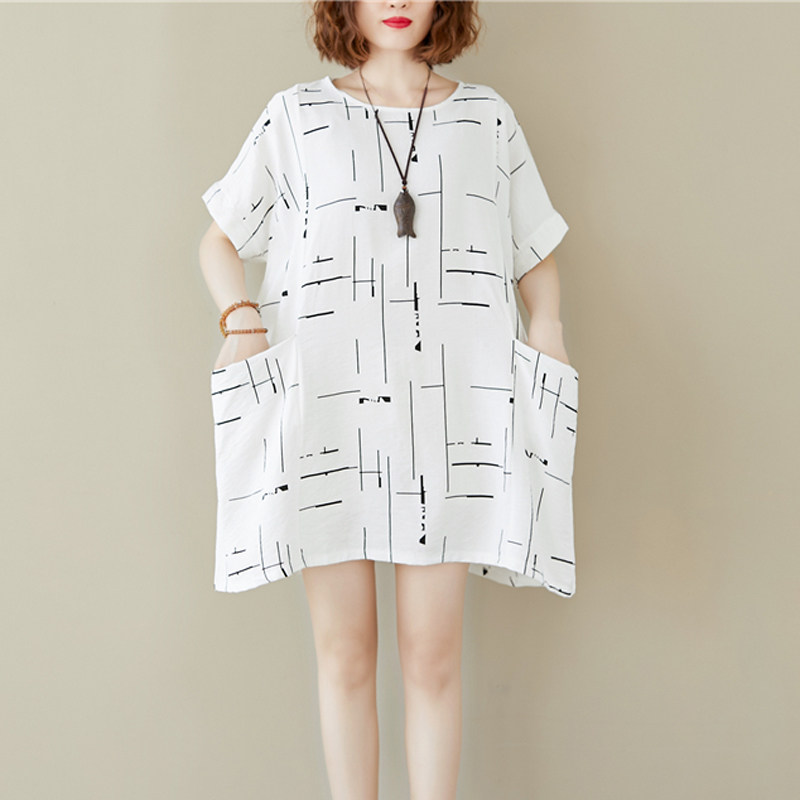 大码胖MM复古几何图案印花大口袋连衣裙大码女装民族风文艺显瘦裙