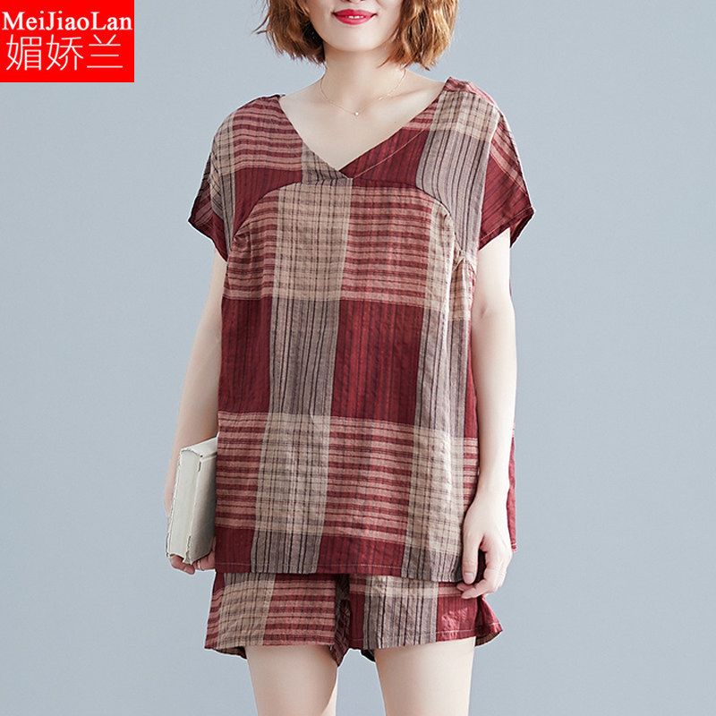 大码女装胖mm复古棉麻宽松短袖T恤短裤两件套适合胖女人穿的套装