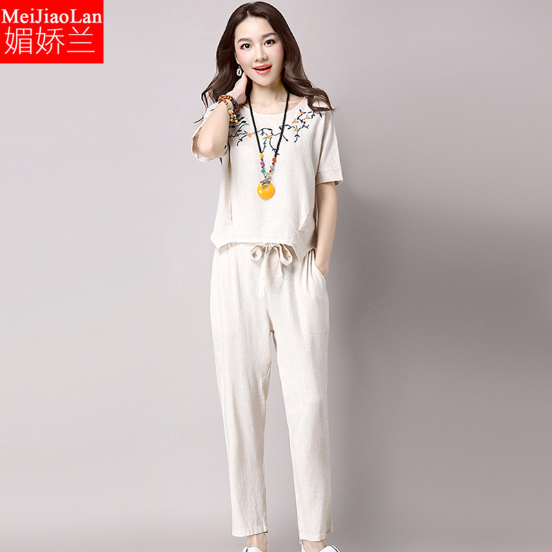 胖mm遮肚套装大码休闲时尚三四十岁女人穿的两件套套装微胖穿搭夏