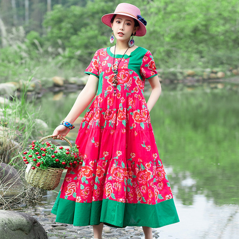 2020新款大码民族风女装盘扣碎花文艺复古显瘦宽松胖mm连衣裙子妹
