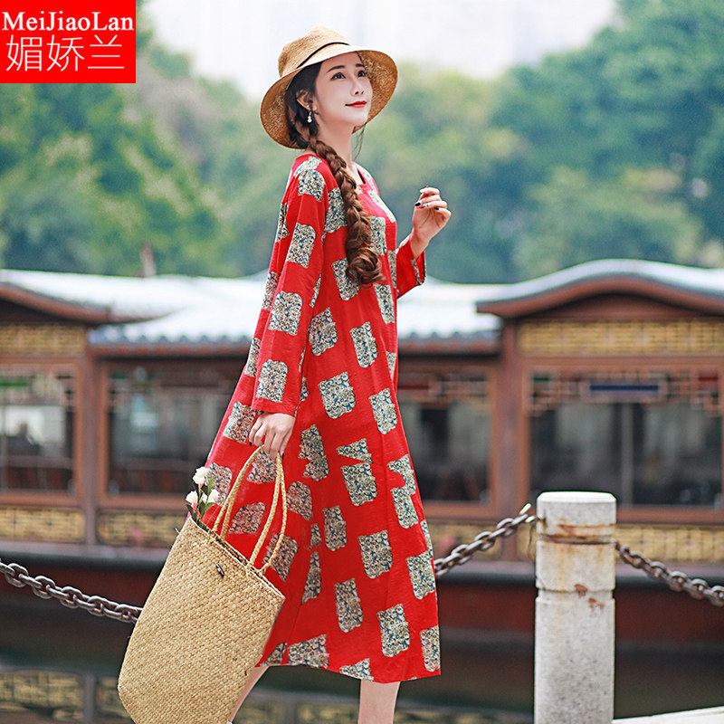 特大码胖mm新款民族风中长款加大码宽松显瘦长袖连衣裙2019新款