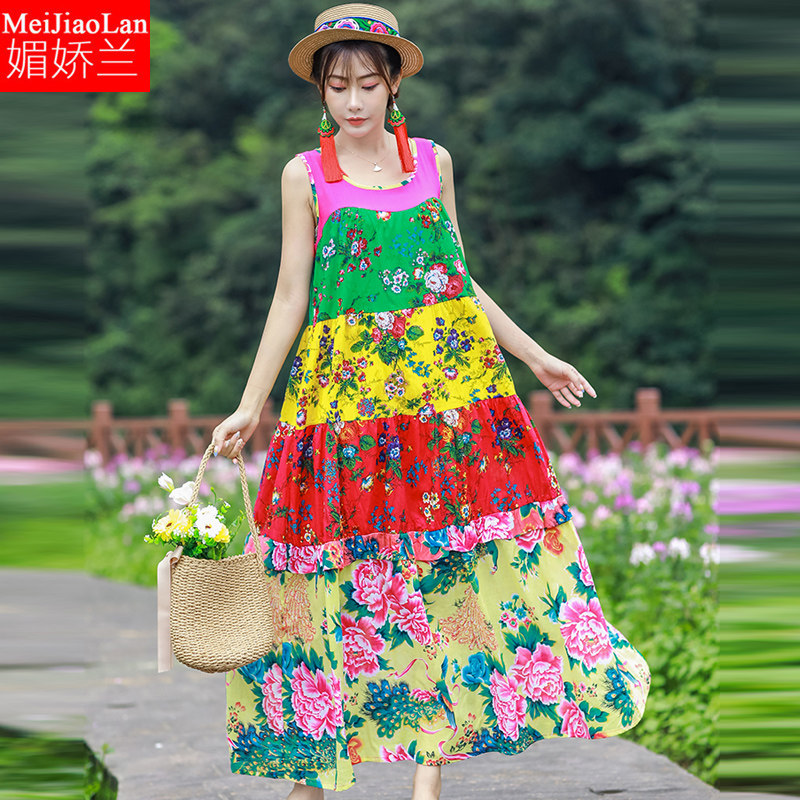 女装民族风碎花拼接收腰显瘦无袖长款印花连衣裙舒适夏季裙胖女人