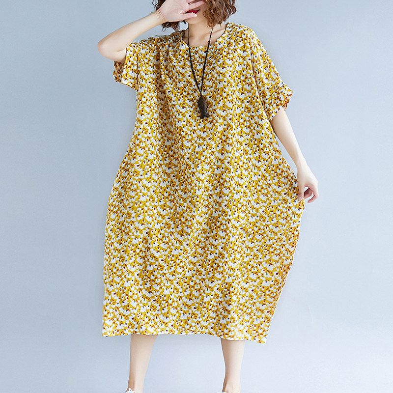 加肥加大码女装短袖夏季宽松民族风260-300斤遮肚显瘦胖mm连衣裙