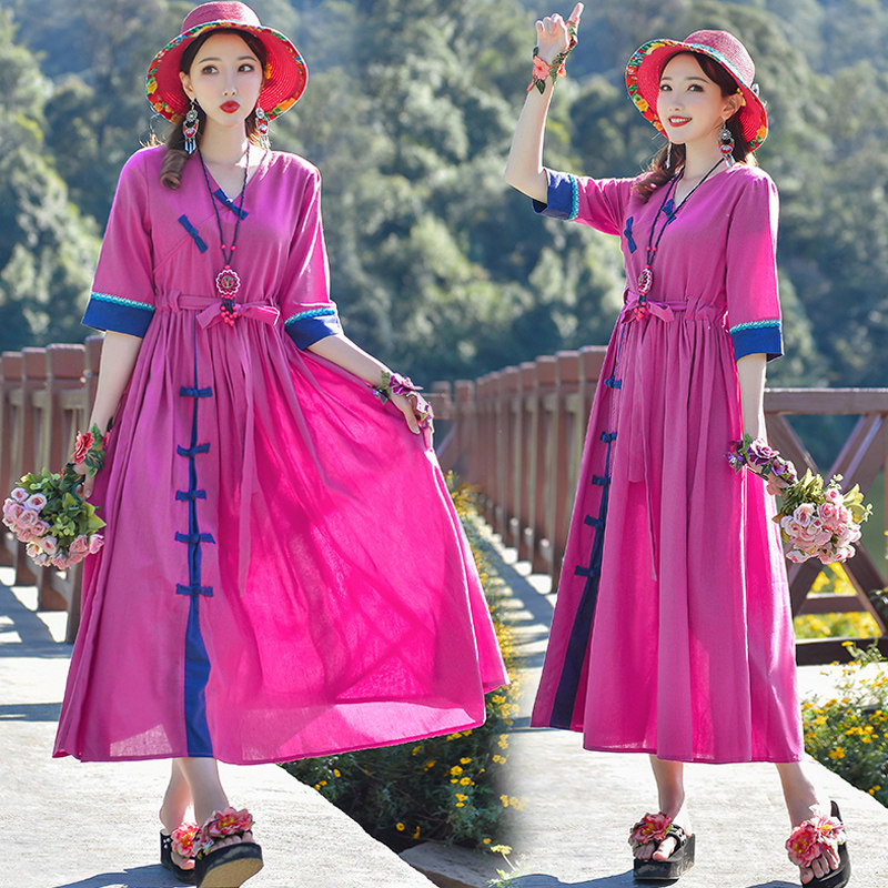 民族风连衣裙春夏季新款复古盘扣大码女装收腰棉麻裙子胖mm中国风