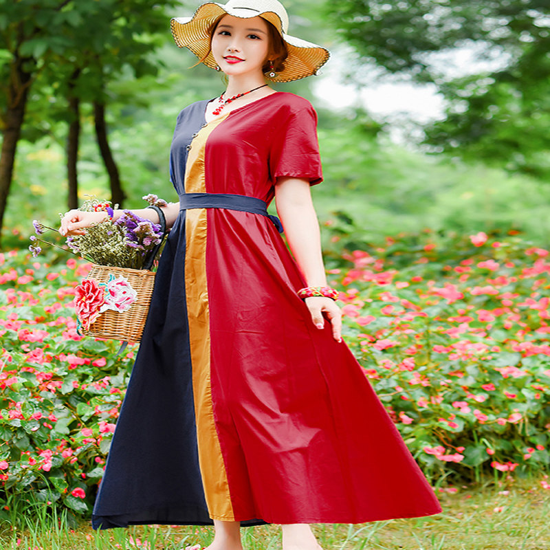 中国风大码女装短袖连衣裙时尚气质2020新款民族风收腰胖mm显瘦夏