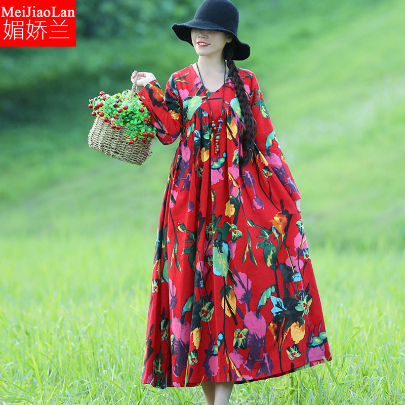 秋冬胖mm大码V领棉麻长袖过膝大摆裙中国民族风女装遮肚子连衣裙