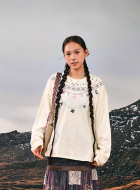 EU/EUSOUEU费尔岛民族纹样信仰项链涂鸦罩衫上衣打底透气长袖T