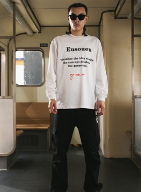 Eusoueu「 Eu系列」美式复古标语黑白两色简约印花情侣长袖T恤