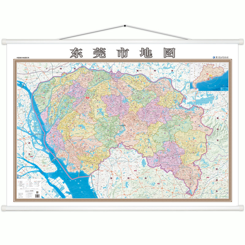 东莞市地图 挂图 2023新 带杆约1.4米*1米 大幅面 装饰画地图挂图 广东东莞政区图 商务 办公室 会议室 书房 哈尔滨地图出社