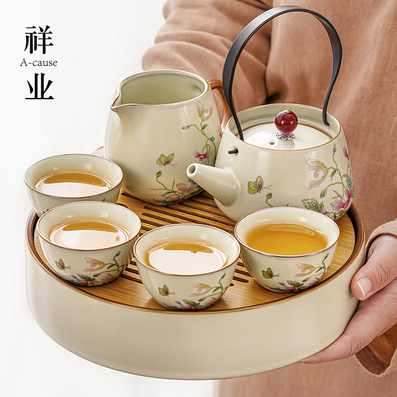 虞美人功夫茶具套组2025新款中式汝窑提梁泡茶壶陶瓷茶盘轻奢高档