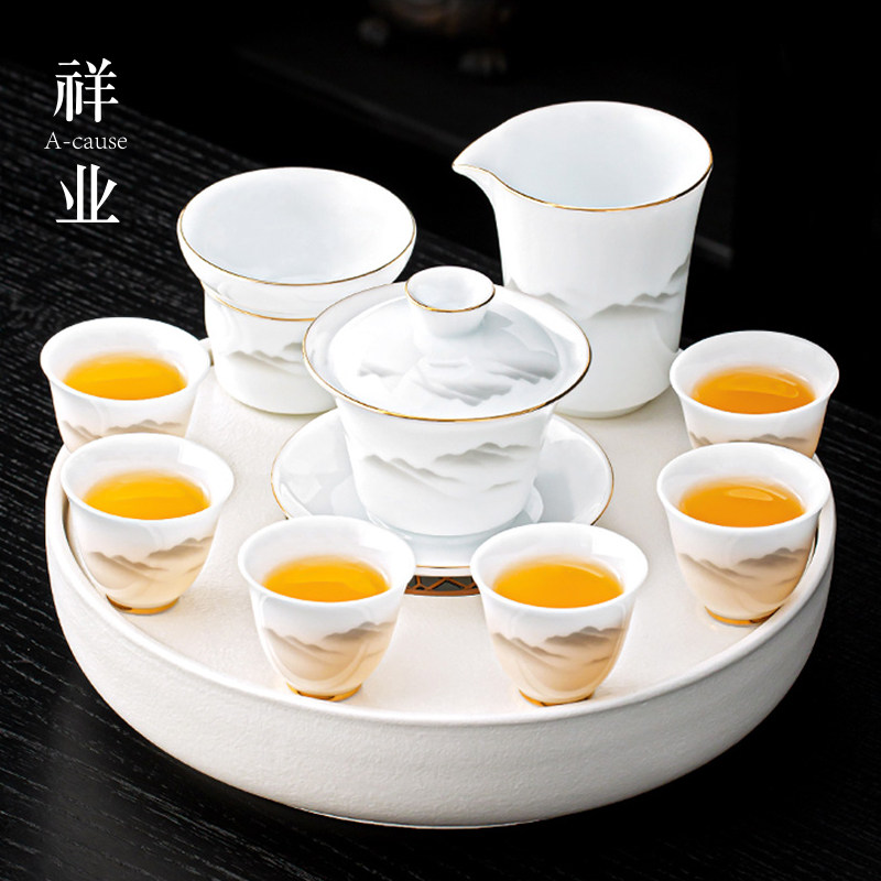 水墨风冰种玉瓷功夫茶具套组家用高档白陶瓷泡茶壶喝茶杯圆形茶盘