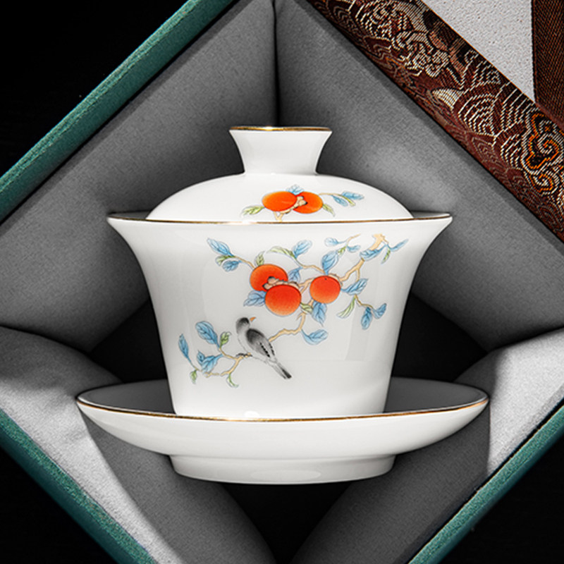 冰种玉瓷柿柿如意悬停盖碗单个大号高端德化白陶瓷家用功夫泡茶碗,餐饮具,盖碗,淘宝优惠券,粉丝福利购,淘宝优惠卷