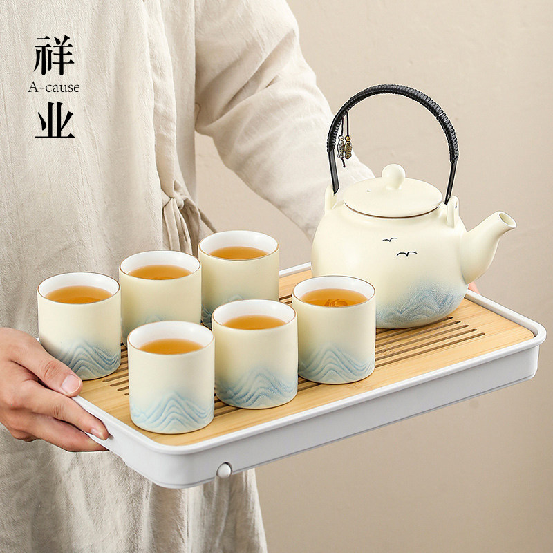 大容量精致提梁壶功夫茶具套组家用泡茶中式陶瓷茶壶茶杯礼盒定制