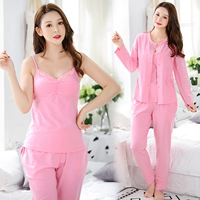 Quần áo tháng xuân và mùa thu cotton sau sinh cho con bú bộ đồ ngủ dịch vụ tại nhà phụ nữ mang thai phù hợp với mùa thu ba mảnh phù hợp - Giải trí mặc / Mum mặc bộ sau sinh mùa hè