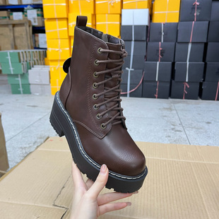 马丁靴百搭 新款 Lady Shoes外贸原单圆头厚底粗跟系带短靴简约时尚