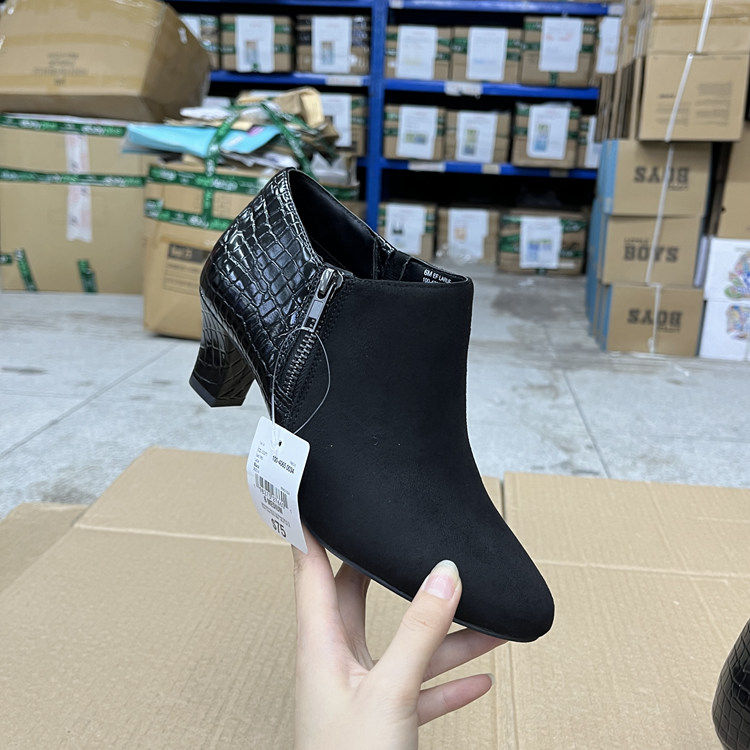 外贸原单尖头粗跟短靴后跟拼接设计时尚大气百搭日常通勤