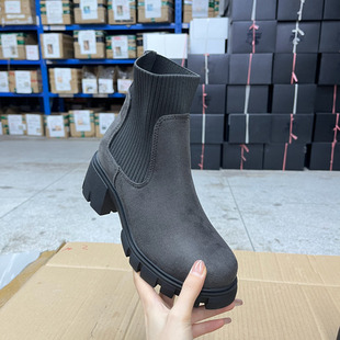 外贸原单女靴新款时尚圆头纯色厚底粗跟针织扣套筒时装短靴烟筒靴