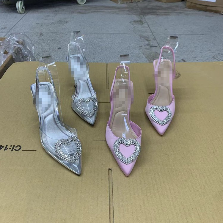 外贸原单新款爆款尖头爱心水钻银色透明细高跟粉色时尚气质款凉鞋