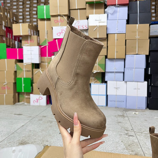 外贸原单女靴加宽鞋偏大一码时尚圆头厚底粗跟侧拉链短靴烟筒靴