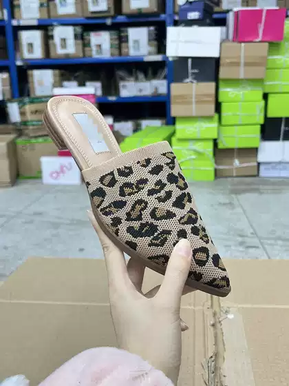 Original Foreign Trade Women's Shoes, Pointed Toe Leopard Print Closed-Toe Knitted Fashion Versatile Flat Slippers, Elegant Sandals