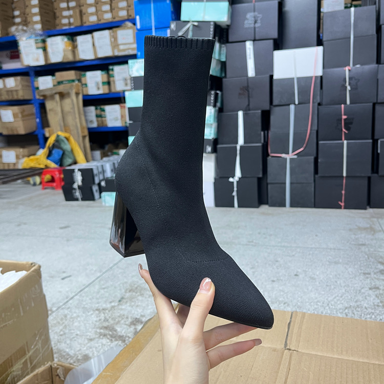 尖头粗高跟针织面套筒短靴瘦瘦靴