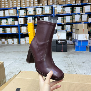 方头纯色粗高跟侧拉链时装 外贸原单女靴微瑕时尚 短靴 Shoes Lady