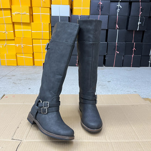 时尚 外贸原单女靴新款 圆头纯色粗跟皮带扣侧拉链长靴 Shoes Lady