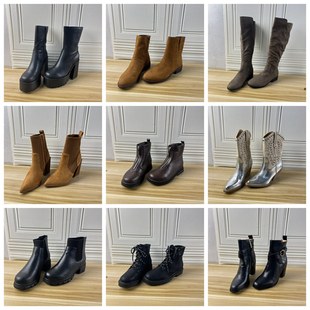 尖头时尚 Lady 外贸原单女靴独码 34码 粗跟侧拉链短靴长靴 Shoes杂款