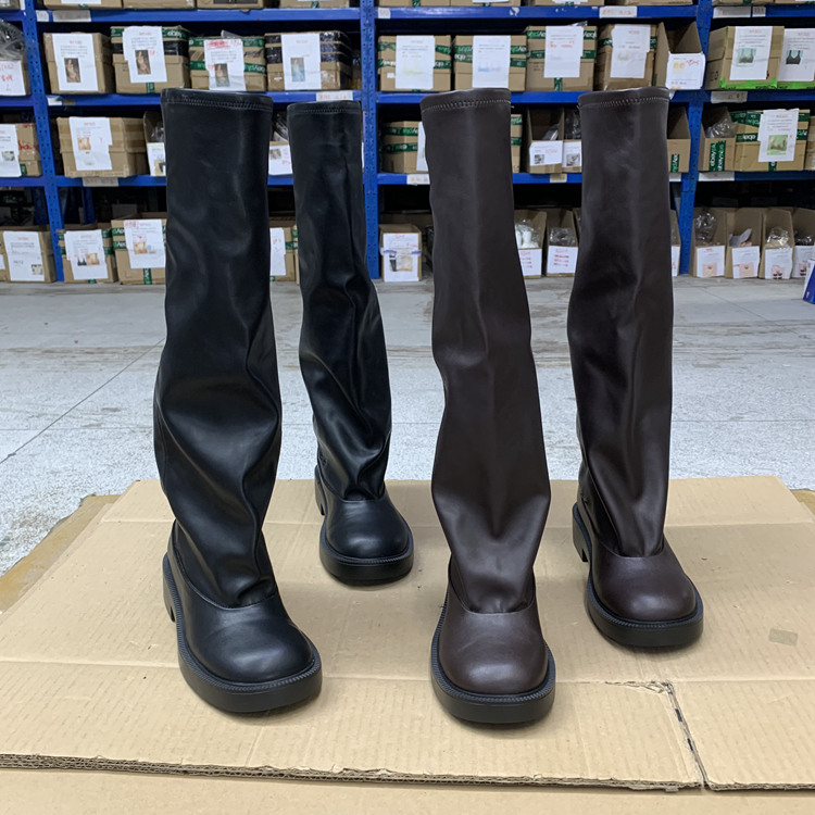 圆头纯色厚底粗跟套筒长靴堆堆靴