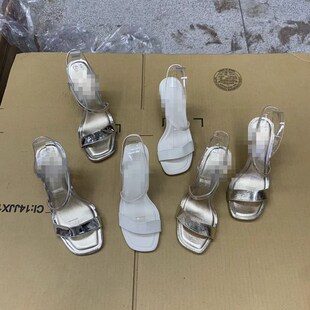 外贸原单新款爆款夏季方头金色银色米白一字带露趾高跟鞋女士凉鞋