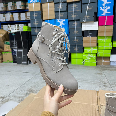 圆头纯色粗高跟前系带侧拉链短靴