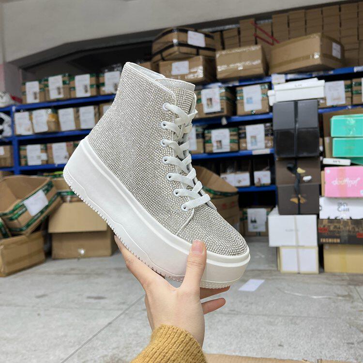 外贸原单女靴新款时尚圆头厚底高帮带钻系带亮闪百搭板鞋学生鞋