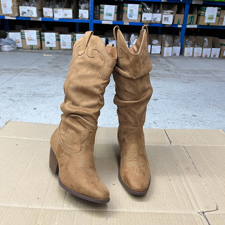 Lady Shoes外贸原单女靴新款时尚尖头纯色粗跟套筒中筒靴堆堆靴
