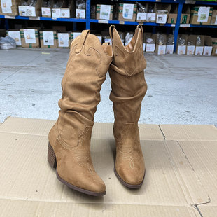 Lady Shoes外贸原单女靴新款时尚尖头纯色粗跟套筒中筒靴堆堆靴