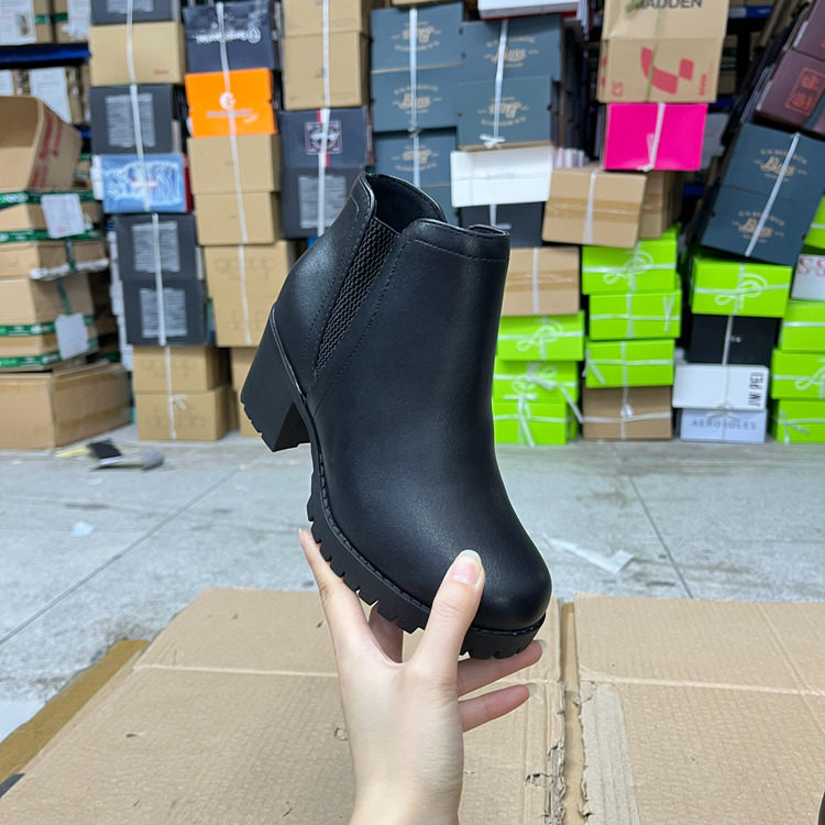 外贸原单女靴圆头纯色厚底粗高跟侧拉链时装短靴新款时尚及踝靴