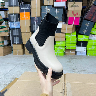 外贸原单厚底弹力布筒口短靴简约时尚新款圆头日常休闲百搭马丁靴