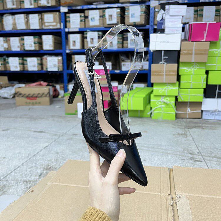 外贸原单尖头细跟浅口蝴蝶结单鞋简约时尚气质女款高跟包头凉鞋